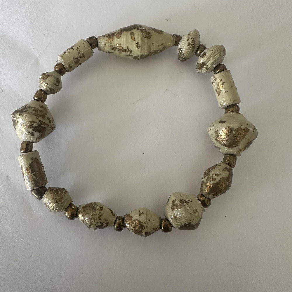 Artisan Ivory Paper Wrap Bead Stretch Bracelet Women Handmade Gold Tone Boho Eco